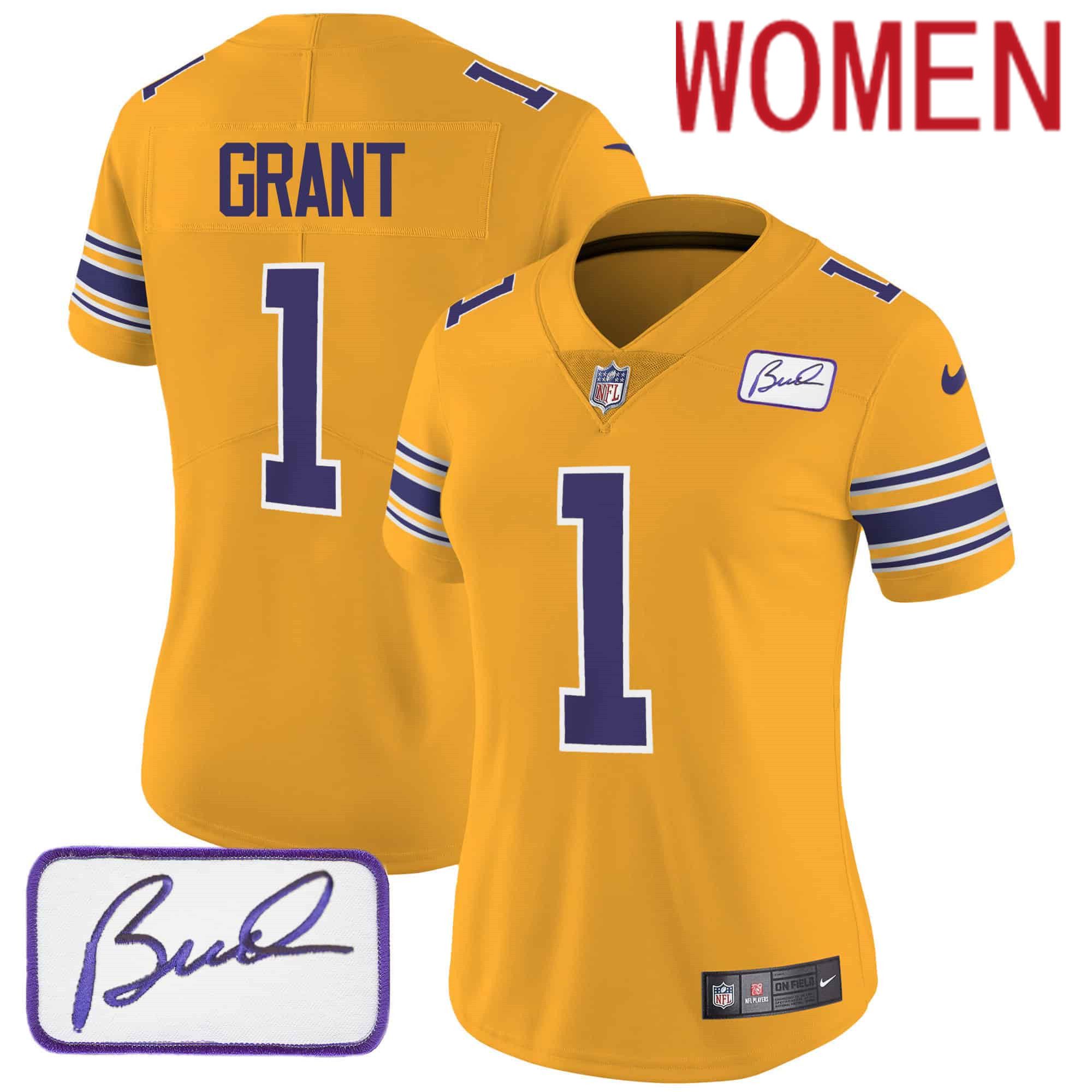 Women Minnesota Vikings 1 Grant Yellow 2024 Nike Bud Grant Patch Classic Limited NFL Jersey